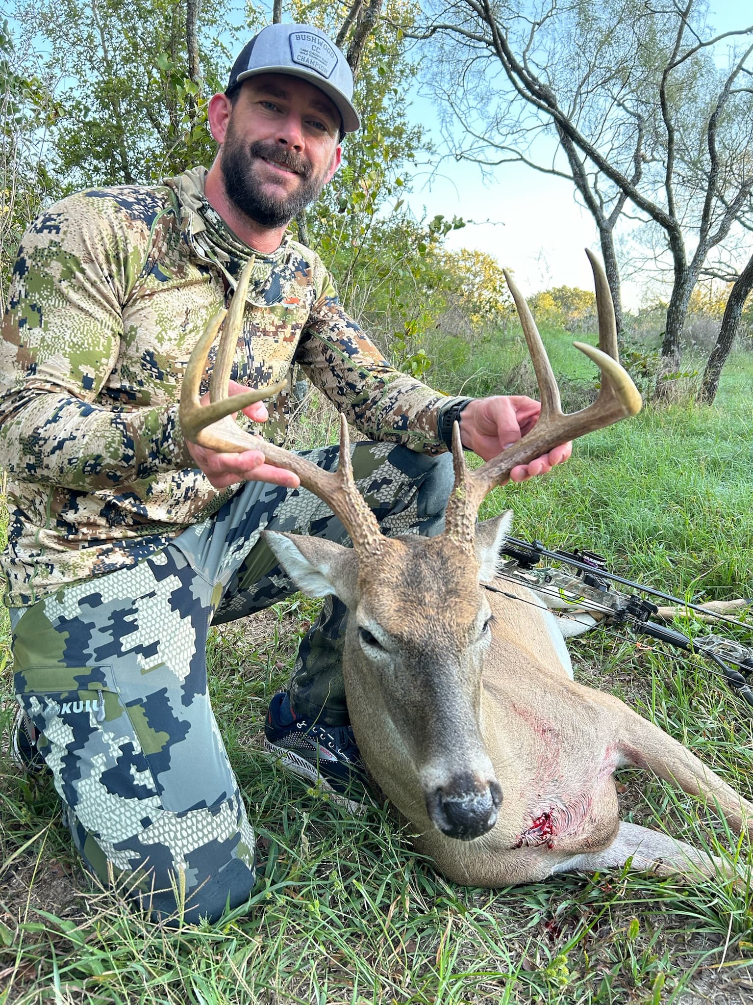 A whitetail buck on the ground after a successful bow hunt in the fall woods