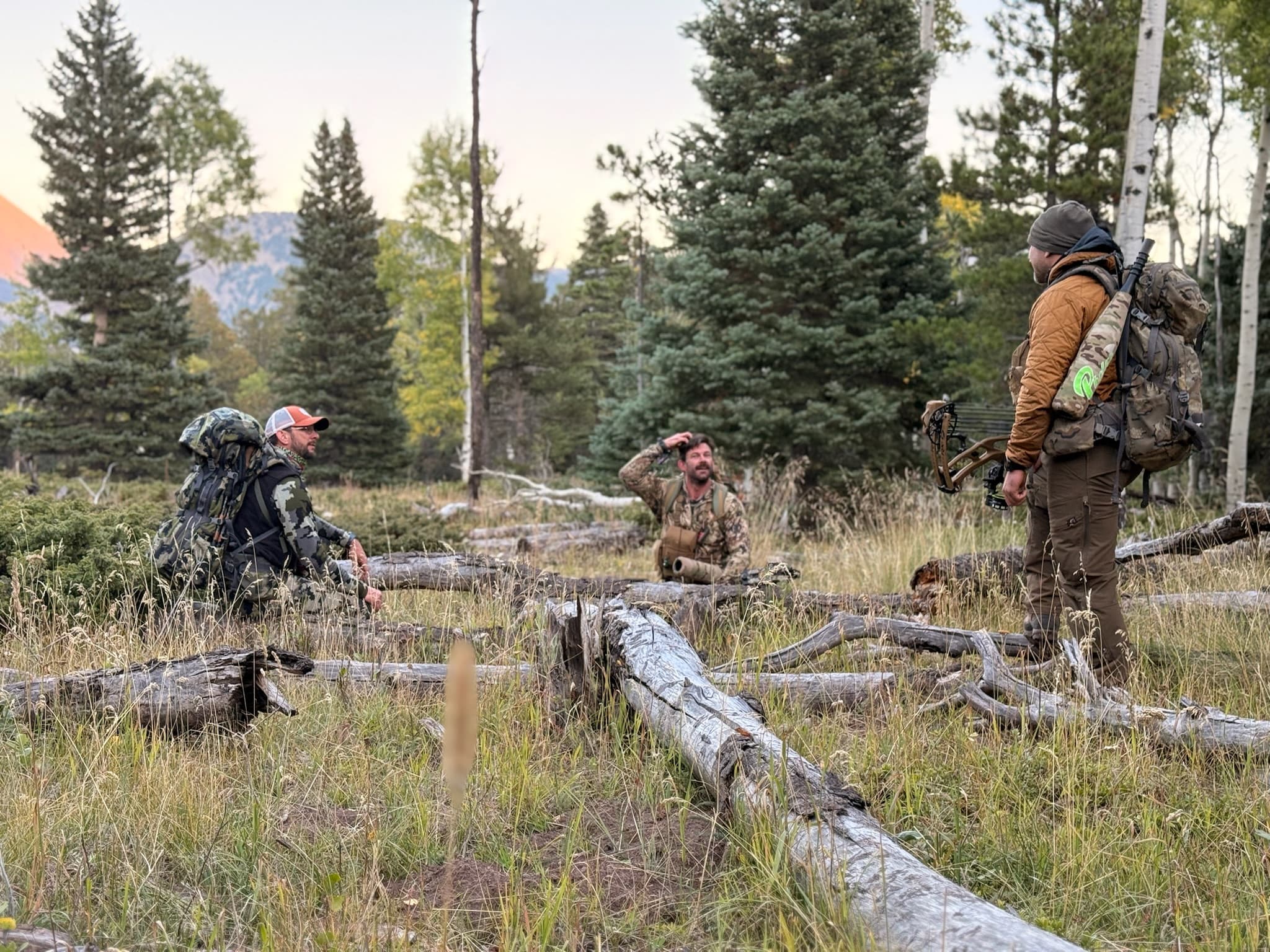 Three hunters in a meadow at dawn with mountains in the distance